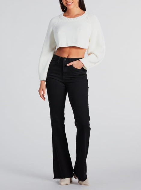 Open back cozy cropped crew neck sweater