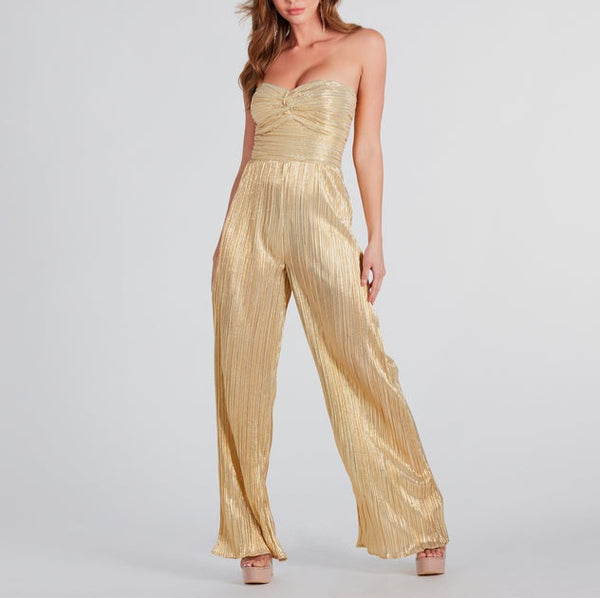 Metallic strapless jumpsuit with sweetheart neckline