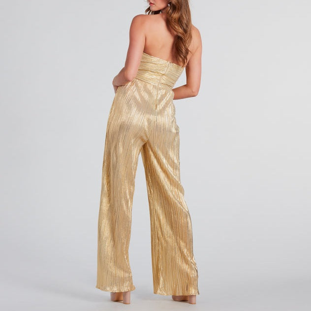 Metallic strapless jumpsuit with sweetheart neckline