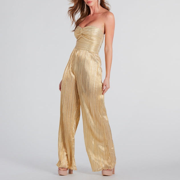 Metallic strapless jumpsuit with sweetheart neckline