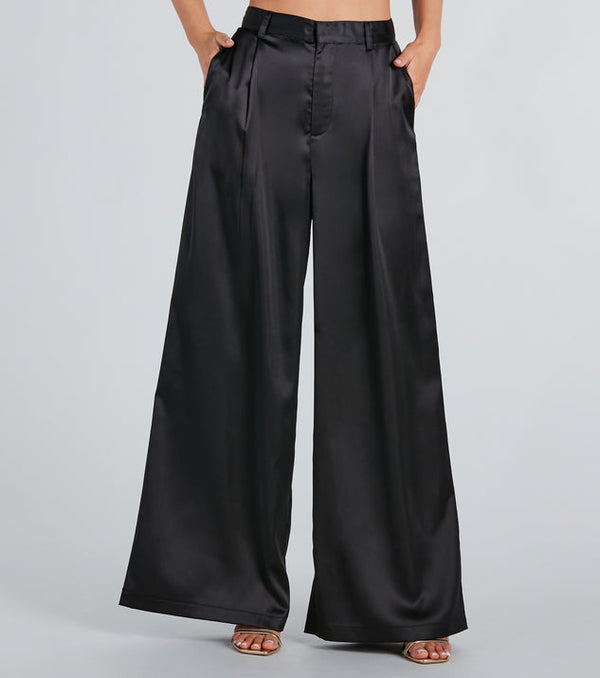 Power Vibe Satin Wide-leg Pleated Trousers