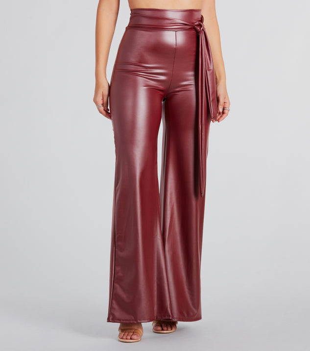 Brown faux leather wide pants high-waisted design