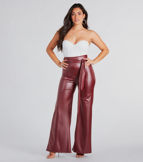 Brown faux leather wide pants high-waisted design