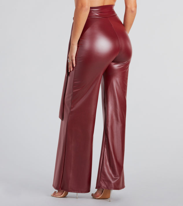 Brown faux leather wide pants high-waisted design