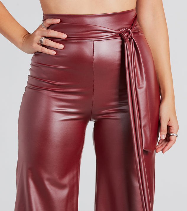 Brown faux leather wide pants high-waisted design