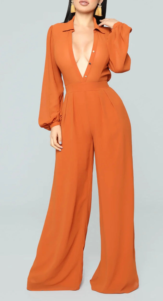 Long sleeve button front jumpsuit for women