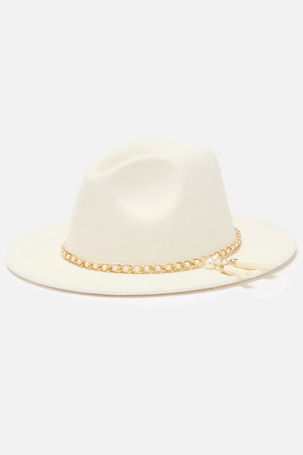 White Fedora Hat with Pearl Detail for Women