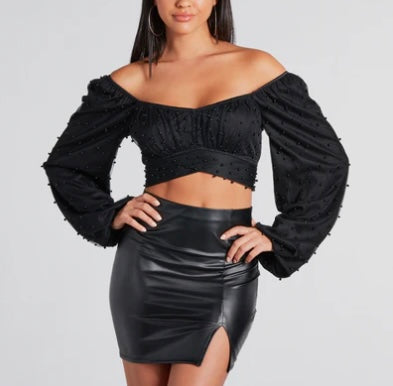 Mesh crop top with faux pearl embellishments