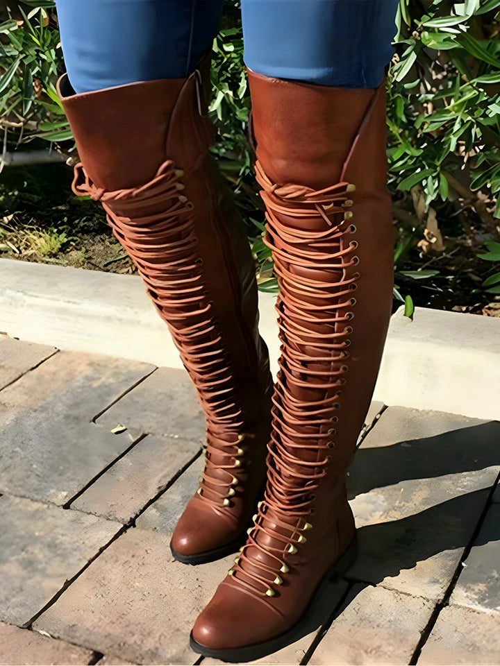 Lace-up Over the Knee Leather Boots for Women