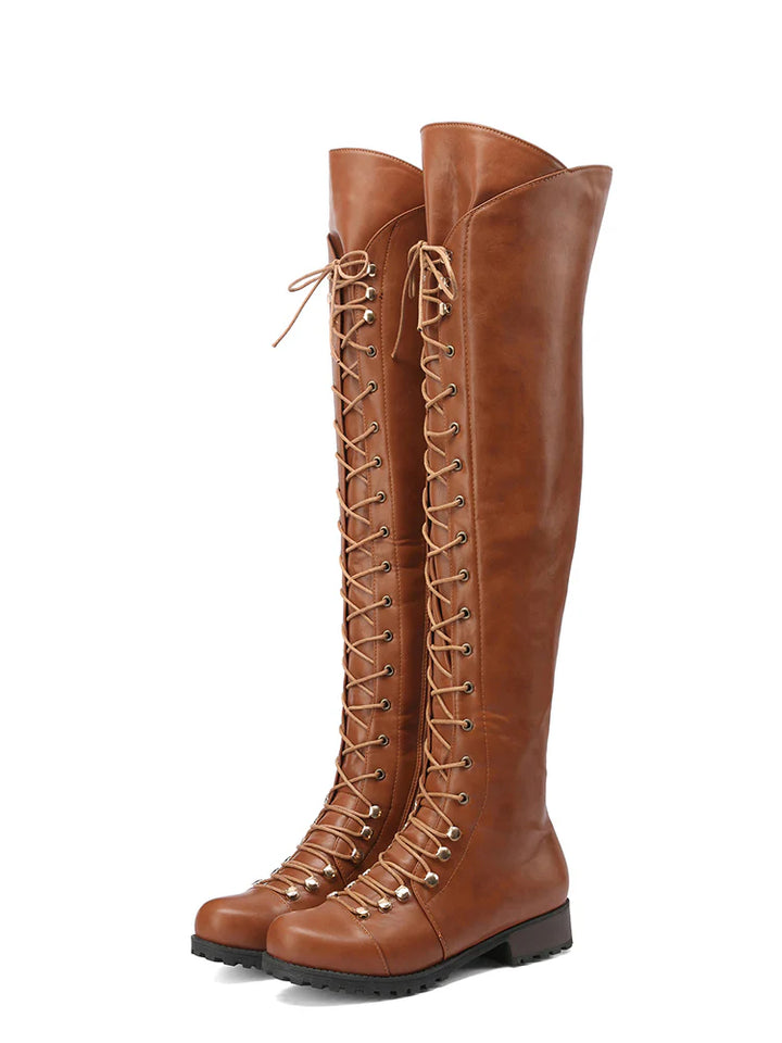 Lace-up Over the Knee Leather Boots for Women