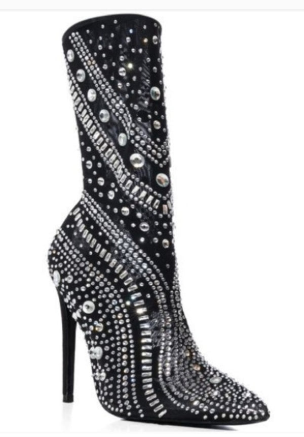 Azalea Wang Rhinestone Mesh Bootie with Stiletto Heel