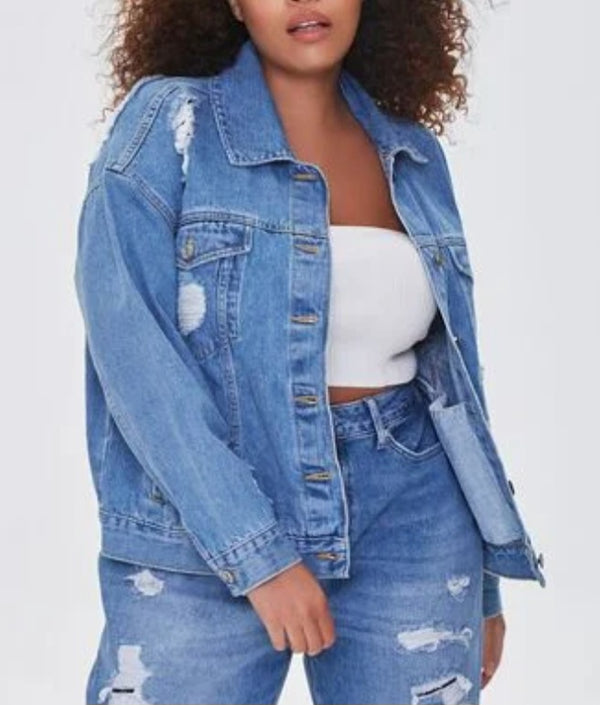 Plus Size Cotton Distressed Denim Jacket