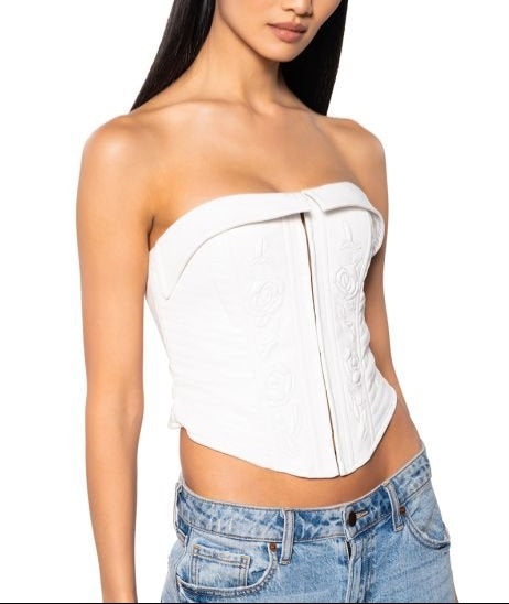 Strapless floral leather corset top with cropped fit