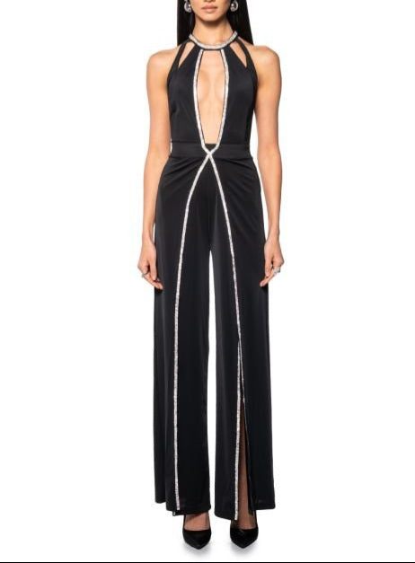 Rhinestone cut-out halter jumpsuit with wide legs