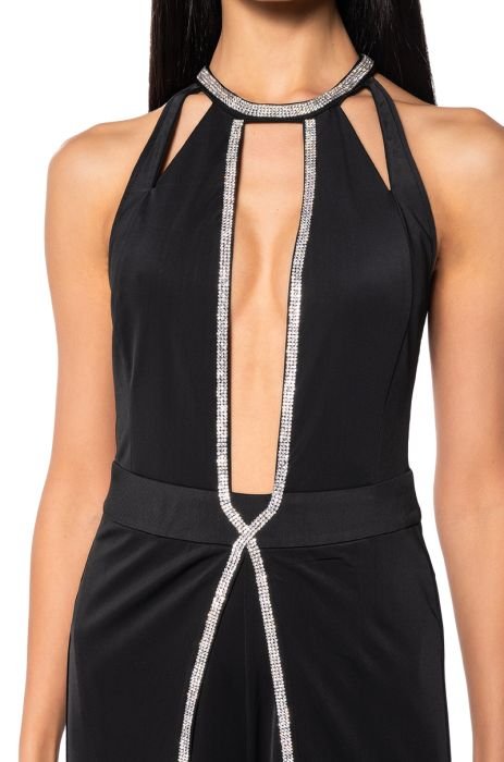 Rhinestone cut-out halter jumpsuit with wide legs