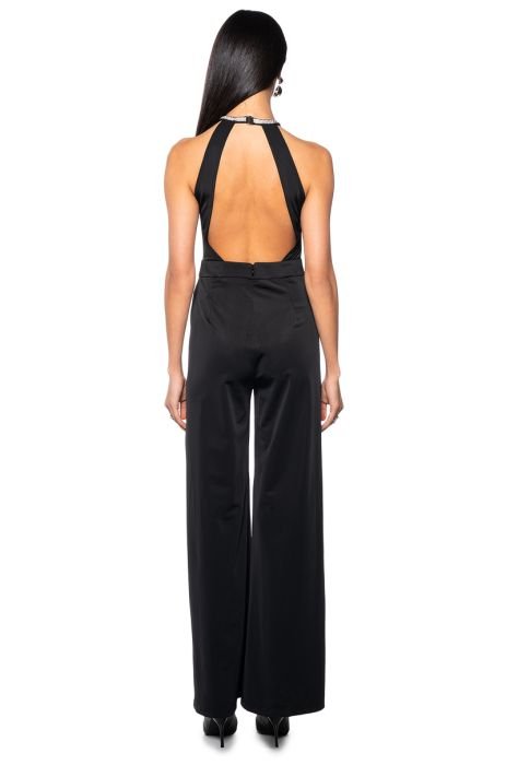 Rhinestone cut-out halter jumpsuit with wide legs