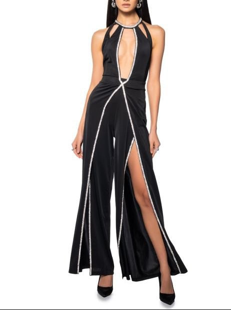 Rhinestone cut-out halter jumpsuit with wide legs